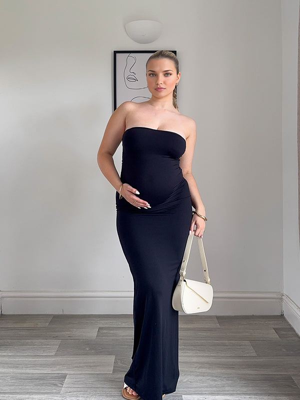 Momyknows Black Off Shoulder Lace-up Maternity Photoshoot Maxi Dress