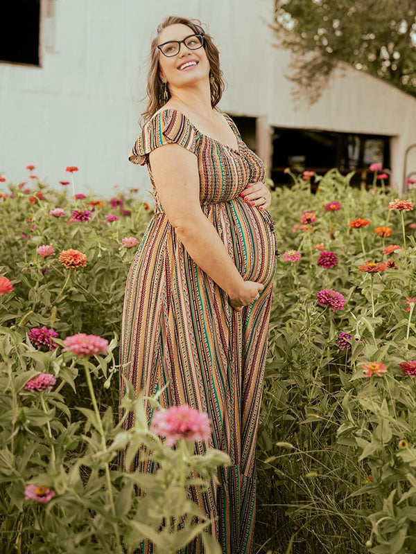 Momyknows Multicolor Off Shoulder Print Maternity Photoshoot Maxi Dress