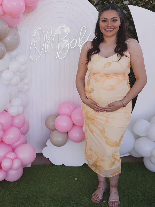 Momyknows Yellow Print Spaghetti Strap Maternity Baby Shower Maxi Dress