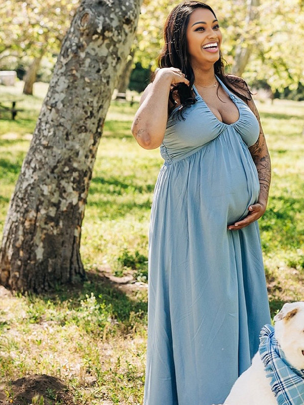 blue dress for baby girl Momyknows Light Blue Deep V Halter Neck Maternity Photoshoot Maxi Dress Light Blue / XL