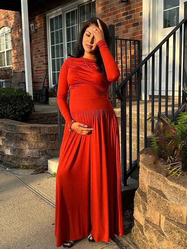 Momyknows Red Round Neck Pocket Ruched Maternity Photoshoot Maxi Dress
