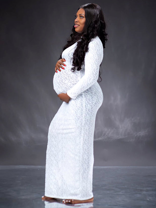 Momyknows White Round Neck Flocking Maternity Photoshoot Maxi Dress