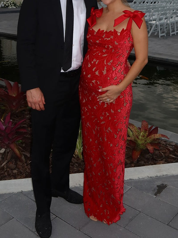 Momyknows Lace Hollow Out Bow Tie Shoulder Strap Back Slit Maternity Maxi Dress