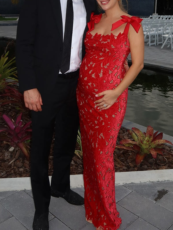 Momyknows Lace Hollow Out Bow Tie Shoulder Strap Back Slit Maternity Maxi Dress