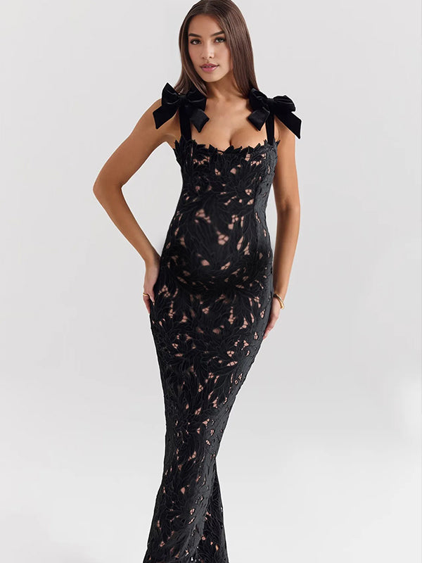 Momyknows Lace Hollow Out Bow Tie Shoulder Strap Back Slit Maternity Maxi Dress