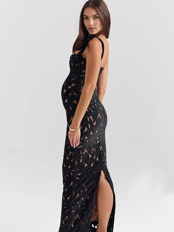 Momyknows Lace Hollow Out Bow Tie Shoulder Strap Back Slit Maternity Maxi Dress