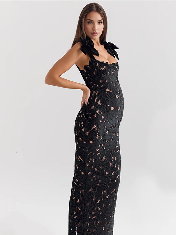 Momyknows Lace Hollow Out Bow Tie Shoulder Strap Back Slit Maternity Maxi Dress