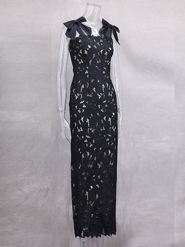 Momyknows Lace Hollow Out Bow Tie Shoulder Strap Back Slit Maternity Maxi Dress