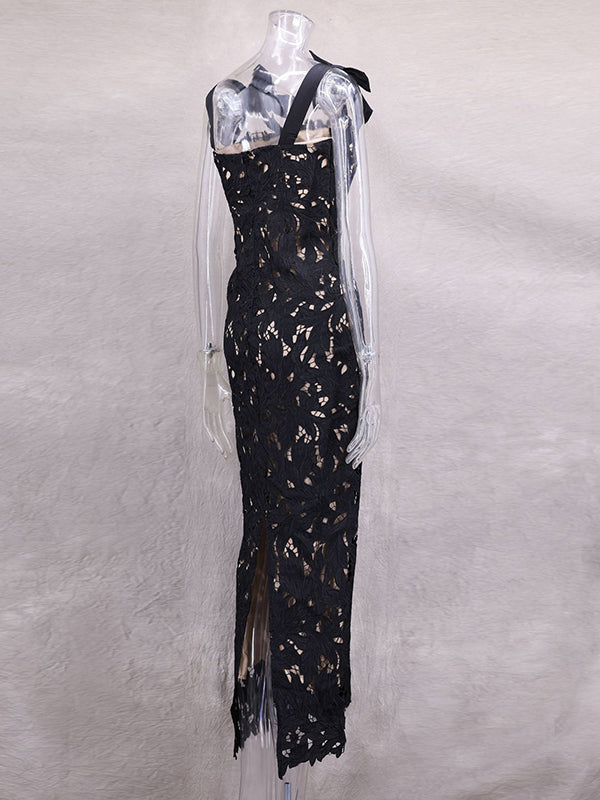 Momyknows Lace Hollow Out Bow Tie Shoulder Strap Back Slit Maternity Maxi Dress