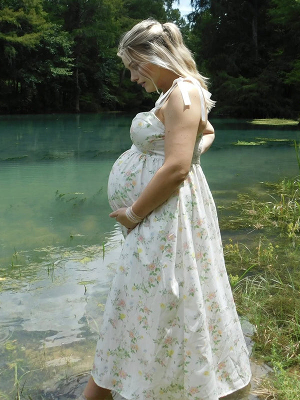 Momyknows White Floral Bodice Smocked Tie Shoulder Strap A-line Maternity Maxi Dress