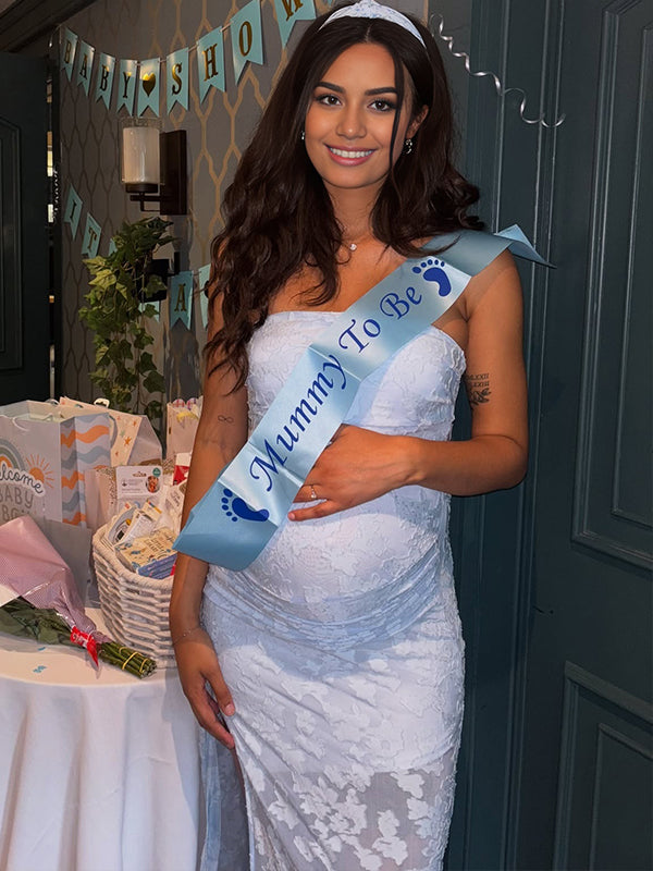 Momyknows Blue Floral Ruched Strapless Side Slit Bandeau Maternity Maxi Dress