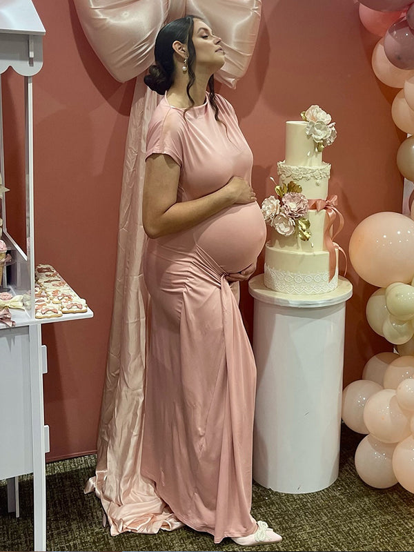 Momyknows Pink Ruched Ruffle Draped Side Slit Tie Back Maternity Maxi Dress