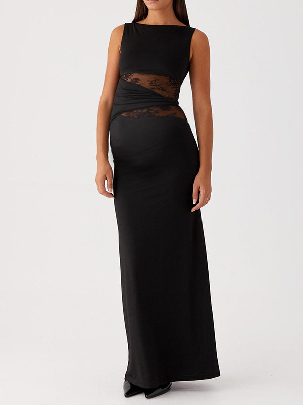 Momyknows Lace Patchwork Ruched Twisted Waistband Bodycon Maternity Maxi Dress