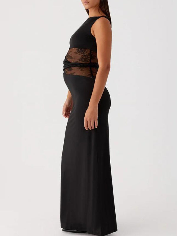 Momyknows Lace Patchwork Ruched Twisted Waistband Bodycon Maternity Maxi Dress