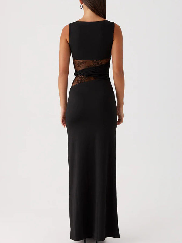 Momyknows Lace Patchwork Ruched Twisted Waistband Bodycon Maternity Maxi Dress