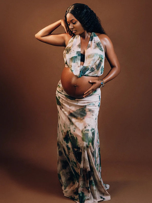 Momyknows Printed Ruched Crop Backless Two Piece Set Maternity Maxi Dress