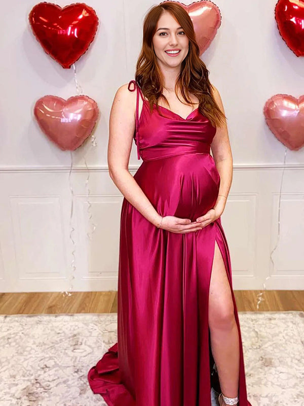 Momyknows Satin Side Slit Tie Shoulder Strap Cami Gown Maternity Maxi Dress