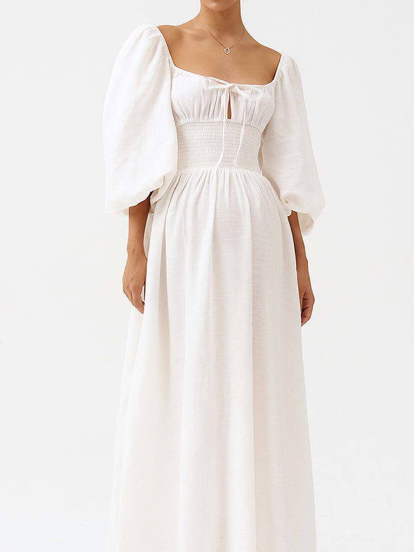 Momyknows Floral Smocked Lace-Up Off Shoulder A-line Maternity Maxi Dress