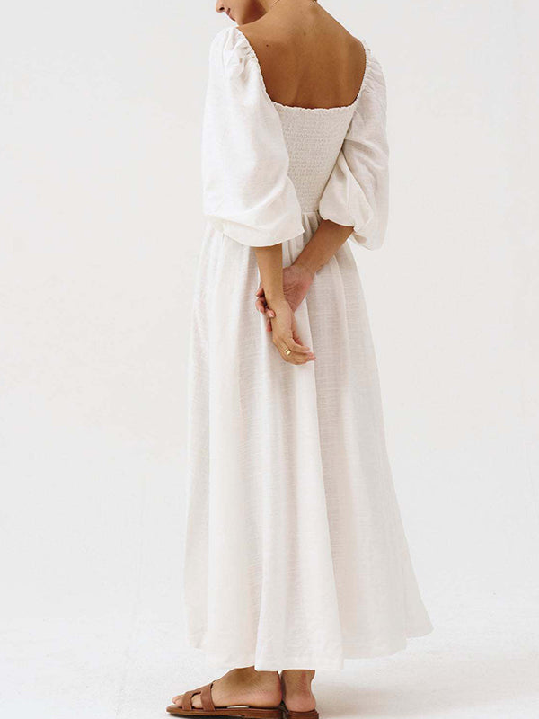 Momyknows Floral Smocked Lace-Up Off Shoulder A-line Maternity Maxi Dress