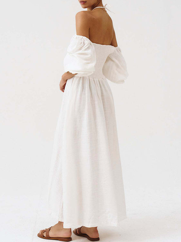 Momyknows Floral Smocked Lace-Up Off Shoulder A-line Maternity Maxi Dress