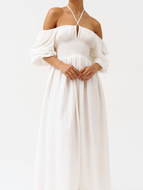 Momyknows Floral Smocked Lace-Up Off Shoulder A-line Maternity Maxi Dress