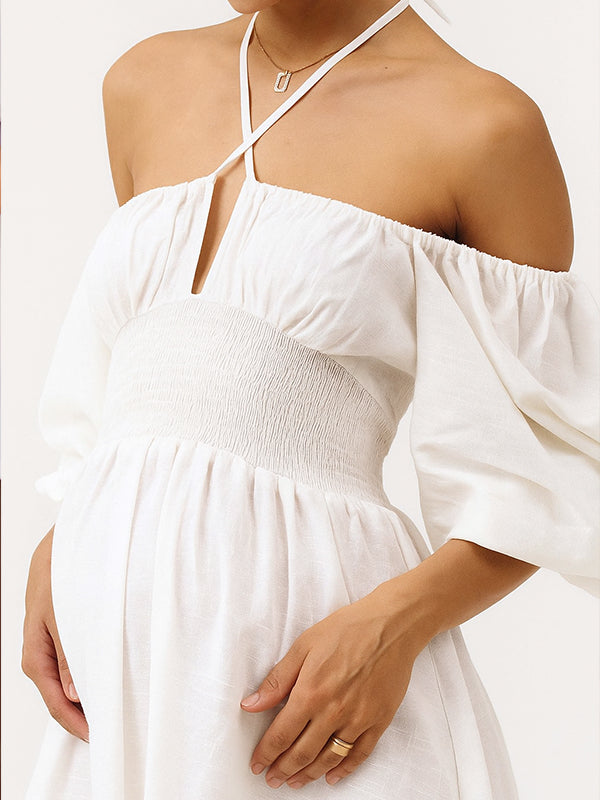 Momyknows Floral Smocked Lace-Up Off Shoulder A-line Maternity Maxi Dress