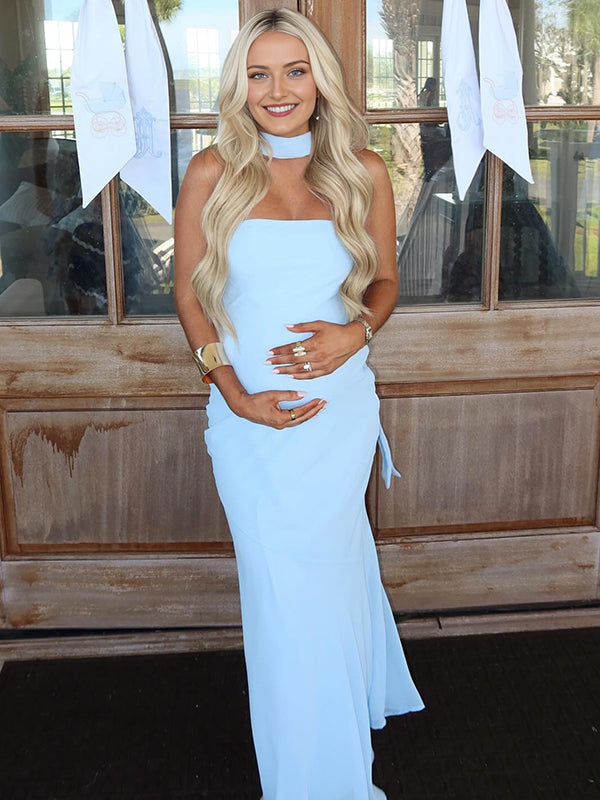 Momyknows Blue Mesh Ruched Bandeau Scarf Strapless Bodycon Maternity Maxi Dress Blue / S Momyknows Blue Mesh Ruched Bandeau Scarf Strapless Bodycon Maternity Maxi Dress Blue / S