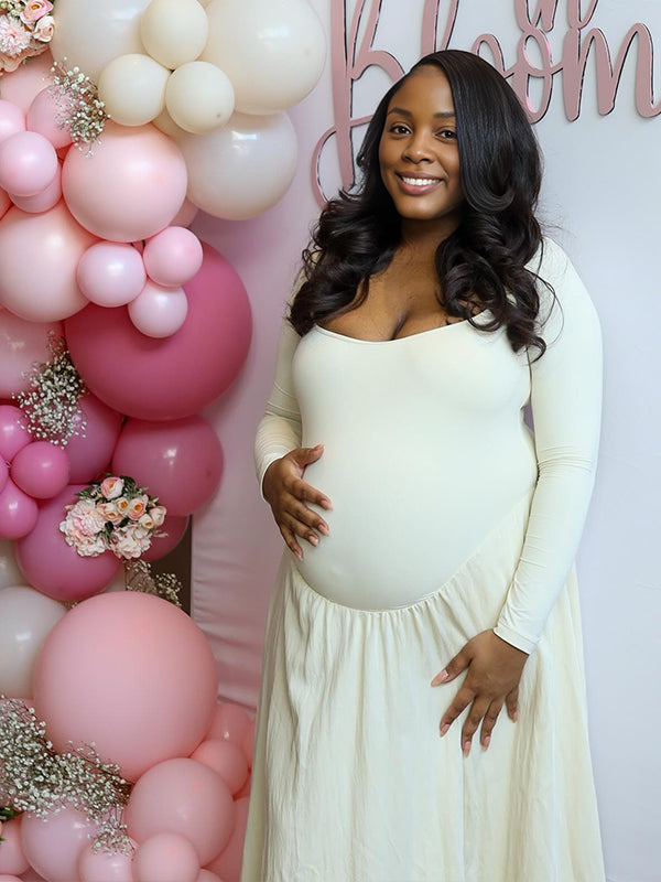Momyknows White Ruched Hepburn Square Neck Maternity Baby Shower Maxi Dress