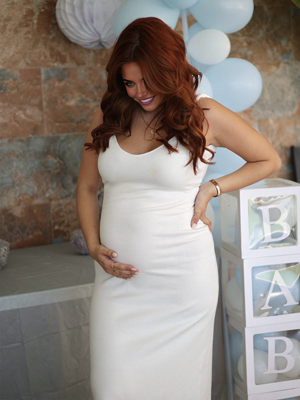 Momyknows White Cami Backless V-neck Bodycon Basic Maternity Maxi Dress