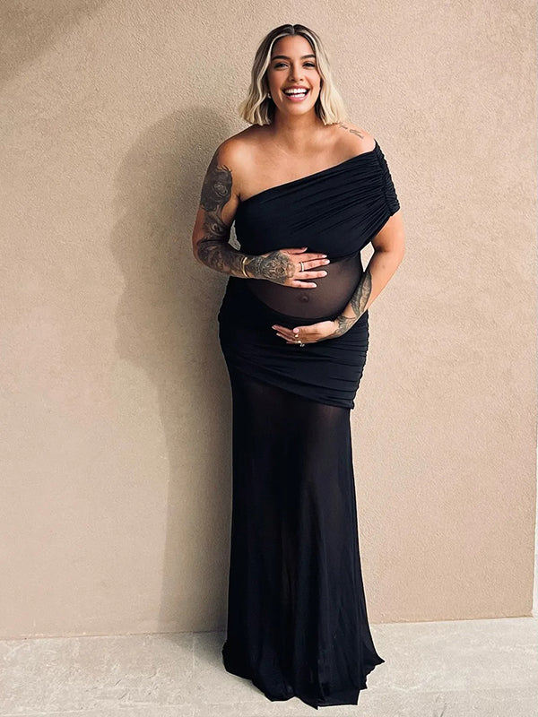Momyknows Black Mesh Ruched One Shoulder Big Swing Sheer Maternity Maxi Dress