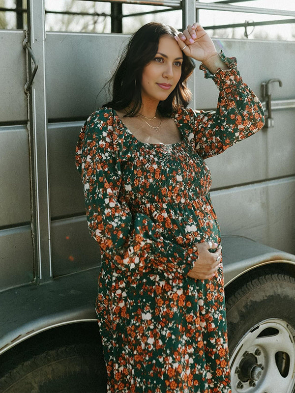 Momyknows Green Off Shoulder Print Smocked Maternity Photoshoot Maxi Dress