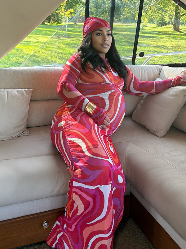Momyknows Red Round Neck Print Maternity Photoshoot Maxi Dress