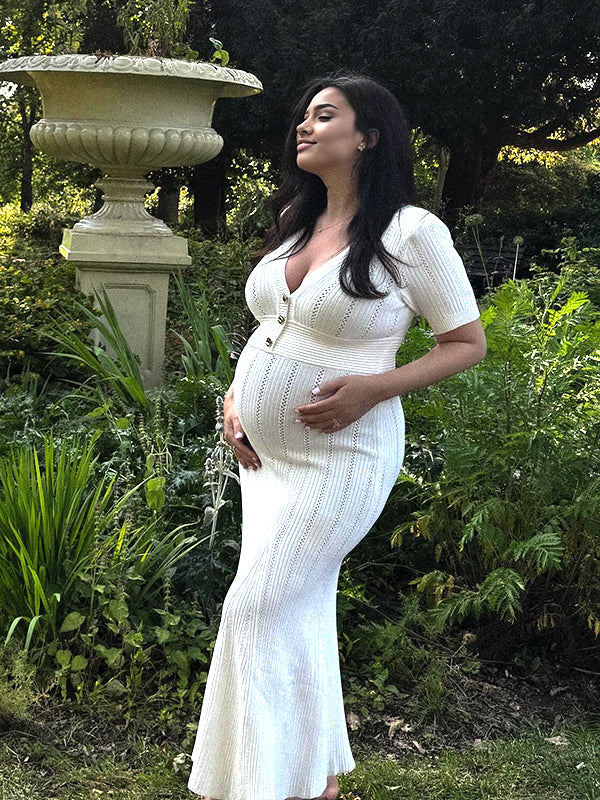 Momyknows White V Neck Button Crochet Maternity Photoshoot Maxi Dress