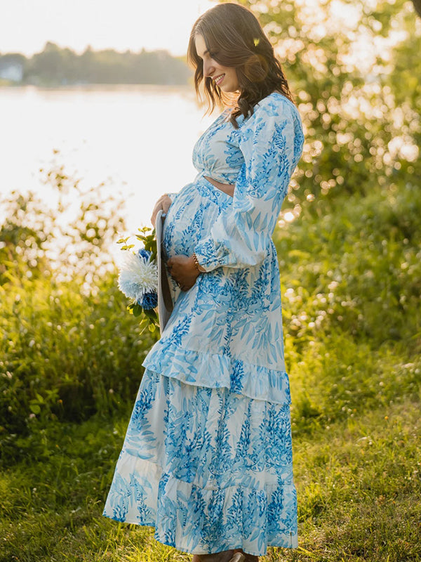 Momyknows Blue V Neck Print Crop Top Maternity Photoshoot Maxi Dress
