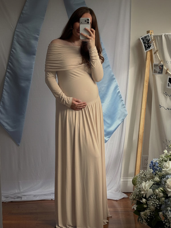 Momyknows Apricot Off Shoulder Ruched Big Swing Maternity Maxi Dress