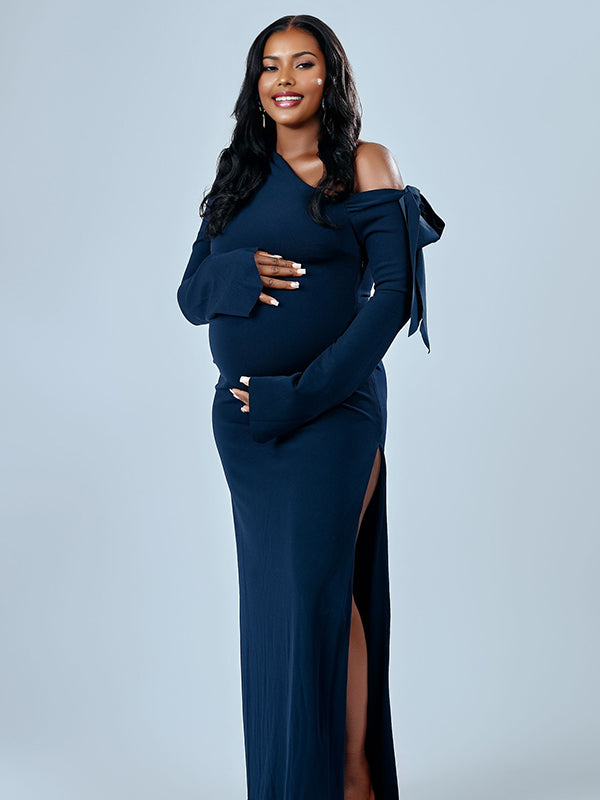 Momyknows Dark Blue One Shoulder Bow Knot Side Slit Maternity Maxi Dress