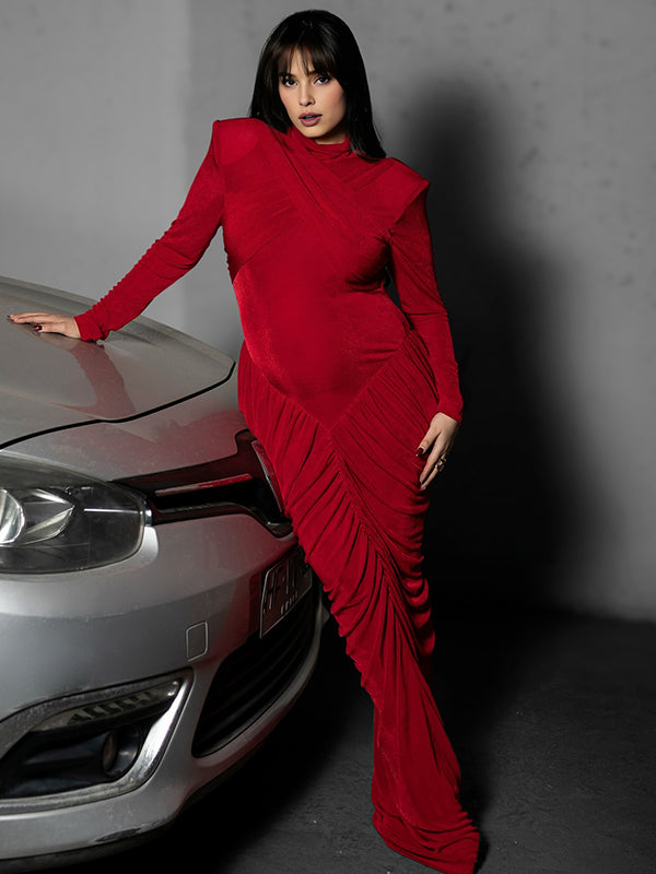 Momyknows Red Ruched Cross Chest Backless Mermaid Elegant Maternity Maxi Dress