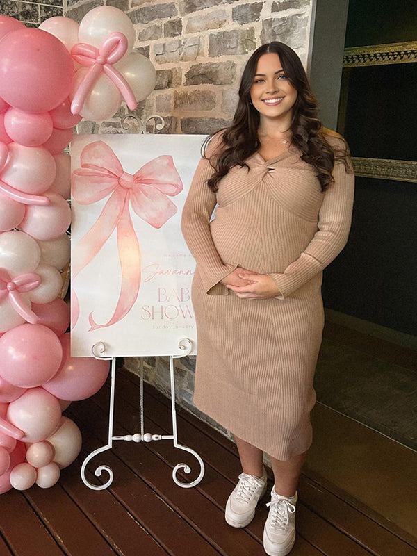Momyknows Khaki Knot Crochet Maternity Sweater Baby Shower Maxi Dress Khaki / XL Momyknows Khaki Knot Crochet Maternity Sweater Baby Shower Maxi Dress Khaki / XL