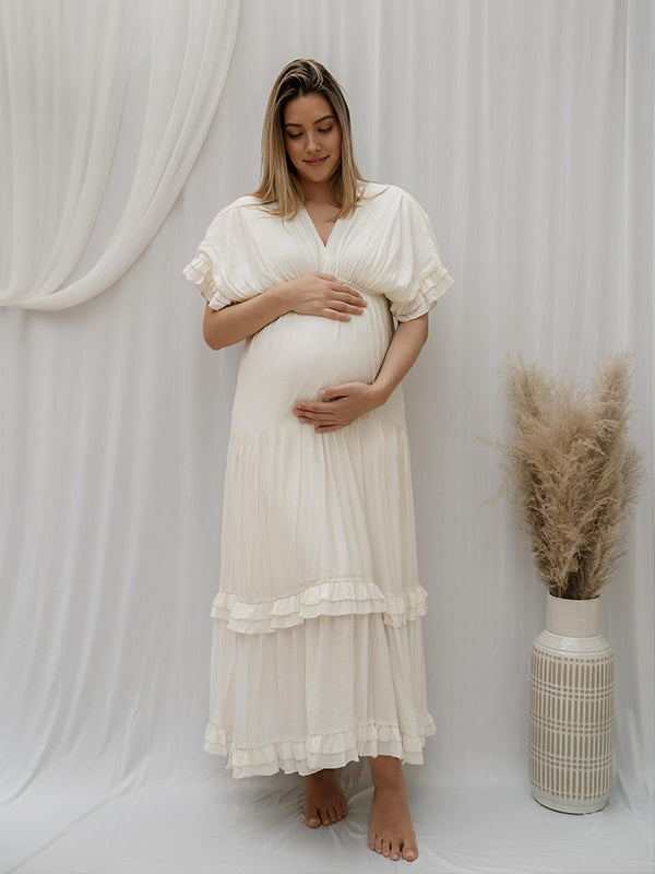 Momyknows White Ruffle Ruched Big Swing Boho Maternity Maxi Dress