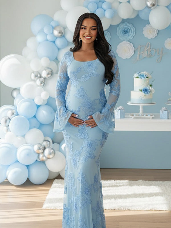 Momyknows Mesh Embroidery Floral Ruffle Bodycon Maternity Maxi Dress