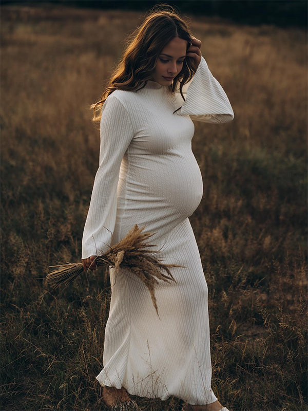 Momyknows White Textured Ruffle Flare Sleeve Mermaid Maternity Maxi Dress