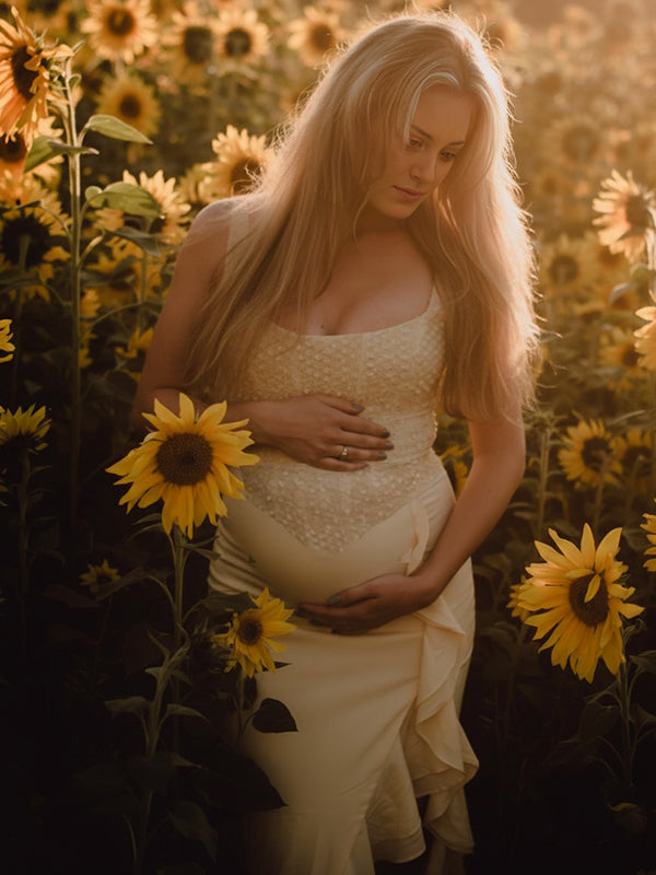 Momyknows Yellow Sequin Ruffle Side Slit Tank Maternity Maxi Dress