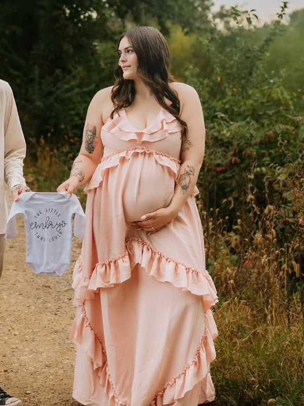 Momyknows Pink Ruffle Backless Cami Big Swing Boho Maternity Maxi Dress