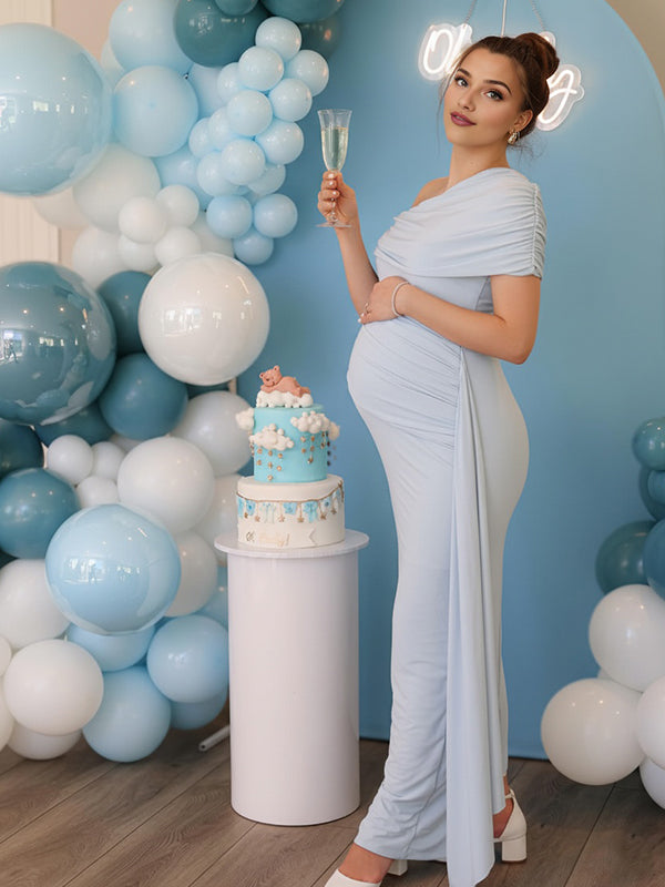 Momyknows Off Shoulder Ruched Draped Bodycon Maternity Maxi Dress