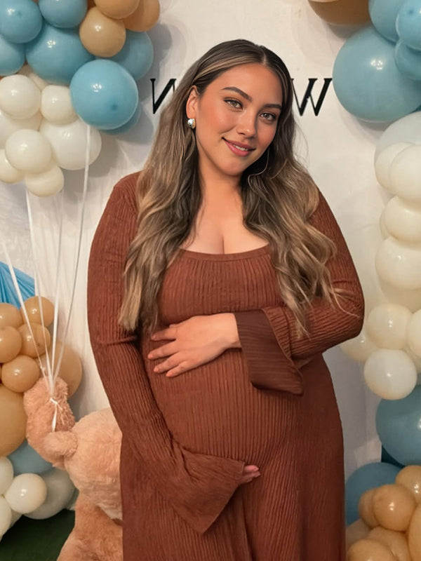 Momyknows Brown Texture Ruffle Tie Back A-line Maternity Maxi Dress