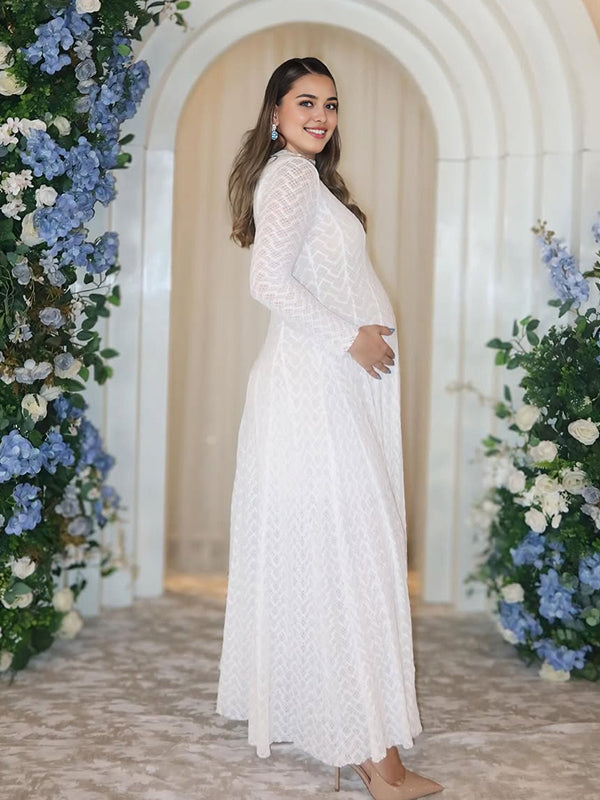 Momyknows White Wavy-Pattern Lace Ruffle Big Swing Wedding Gown Maternity Maxi Dress