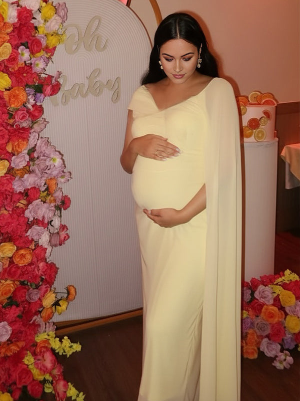 Momyknows Flowy Asymmetric One Shoulder Cape Sleeve Maternity Maxi Dress