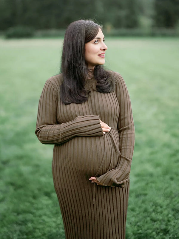 maternity sweater maxi dress Momyknows Knit Pleated Belt Big Swing Maternity Sweater Maxi Dress Camel / L