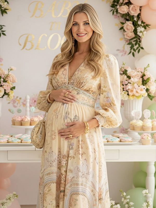 Momyknows Floral Buttons Shaped Waistband Big Swing Flowy Boho Maternity Maxi Dress Beige / M
