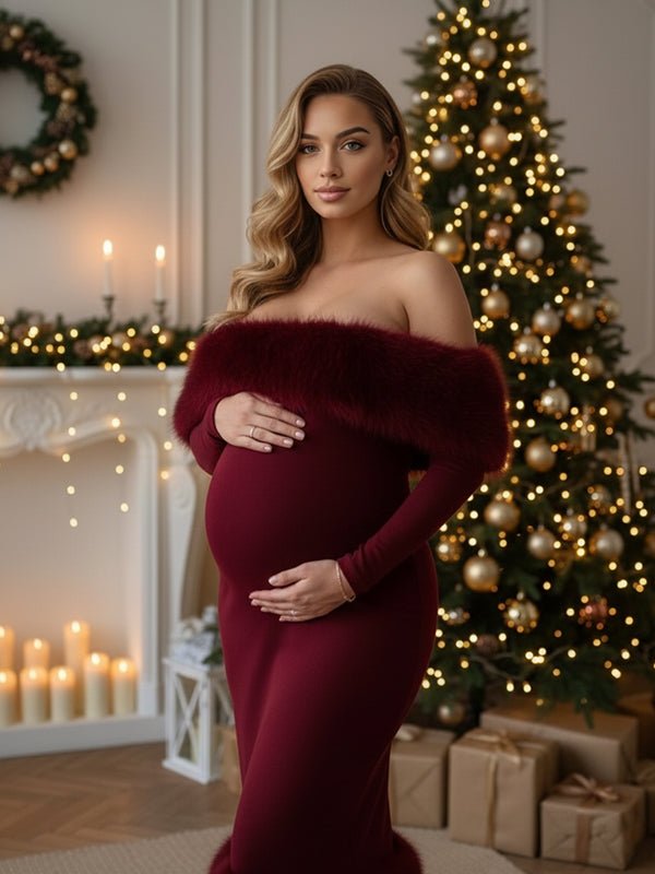 red christmas maternity dress Momyknows Off Shoulder Feather Back Slit Bodycon Maxi Size:2XL USA Paloma Gown Onesize 4 model-ellacervetto Statement Men's Outlet Dress